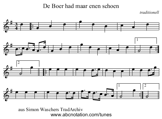 De Boer had maar enen schoen - staff notation