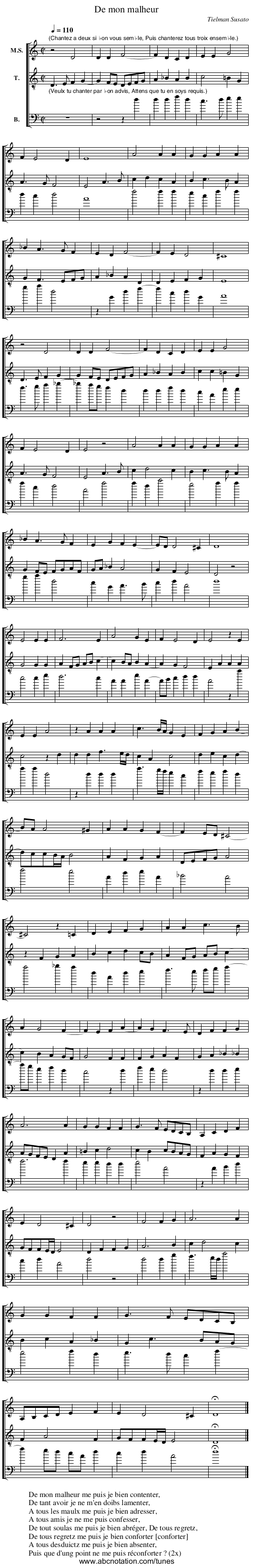 De mon malheur - staff notation