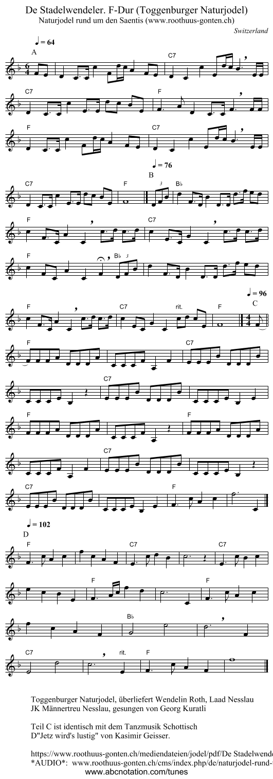 De Stadelwendeler. F-Dur (Toggenburger Naturjodel) - staff notation