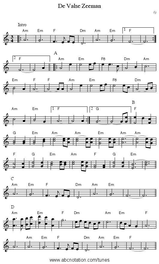 De Valse Zeeman - staff notation