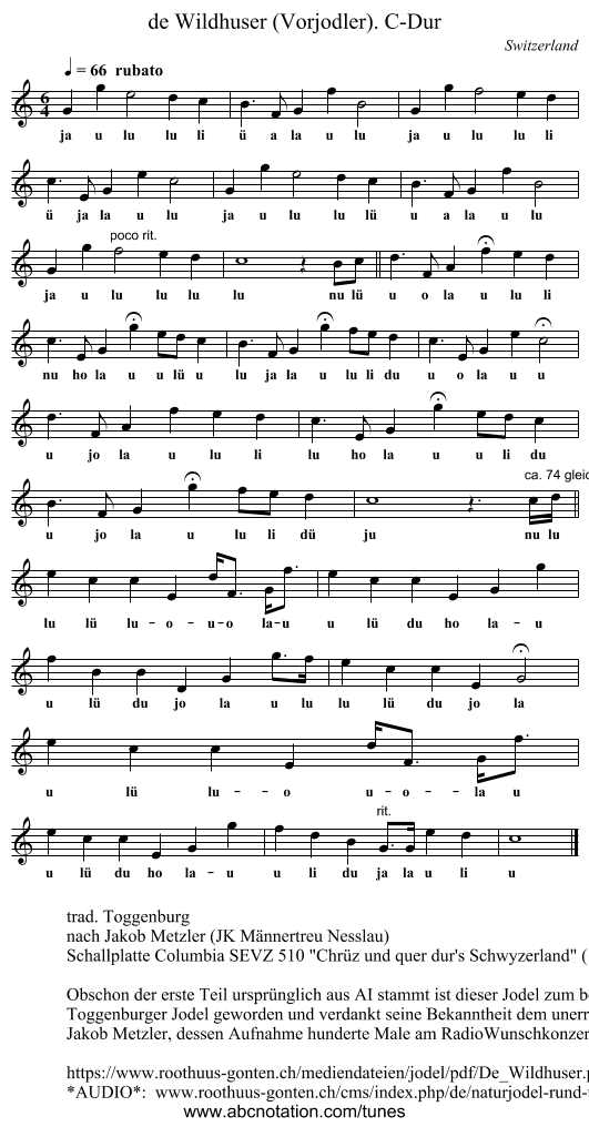 de Wildhuser (Vorjodler). C-Dur - staff notation