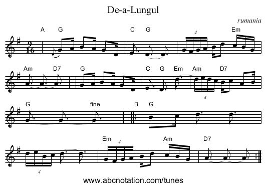 De-a-Lungul - staff notation