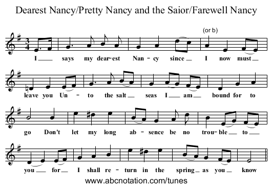 Dearest Nancy/Pretty Nancy and the Saior/Farewell Nancy - staff notation