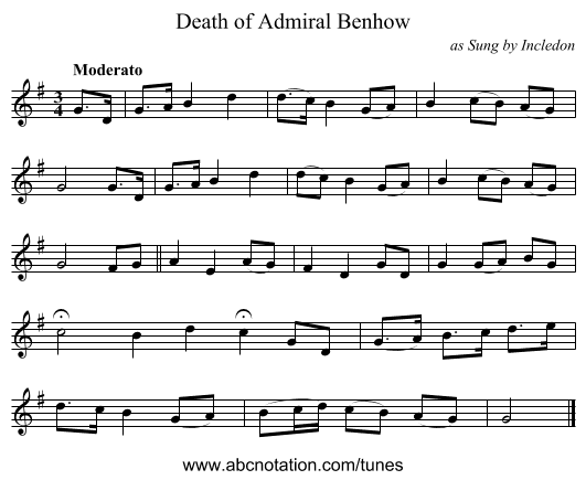 Death of Admiral Benhow - staff notation