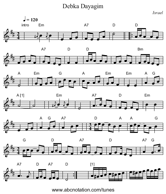 Debka Dayagim - staff notation