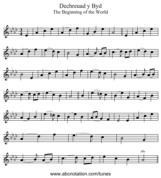 Dechreuad y Byd - staff notation