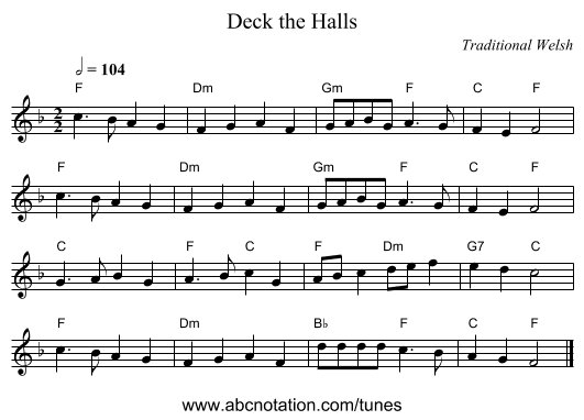 Deck the Halls - staff notation