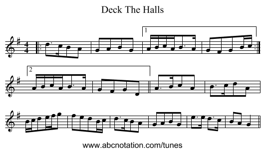 Deck The Halls - staff notation