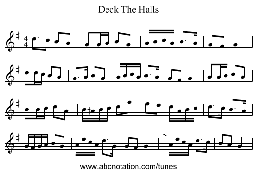 Deck The Halls - staff notation
