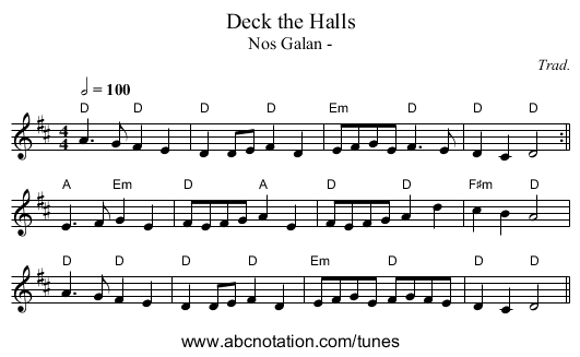 Deck the Halls - staff notation