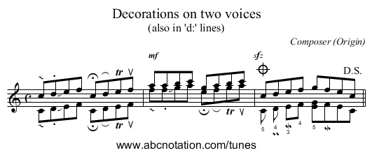 Decorations on two voices - staff notation
