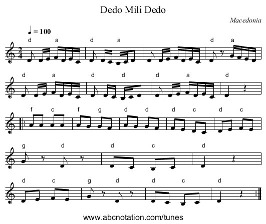 Dedo Mili Dedo - staff notation