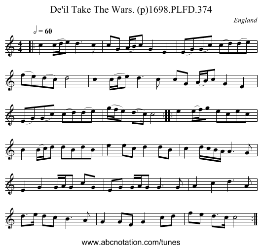 De'il Take The Wars. (p)1698.PLFD.374 - staff notation