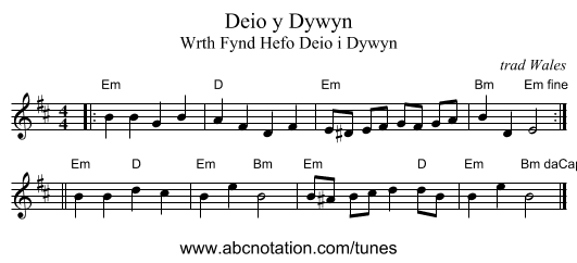 Deio y Dywyn - staff notation