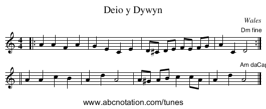 Deio y Dywyn - staff notation
