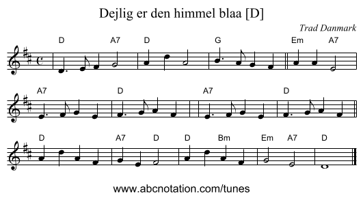 Dejlig er den himmel blaa [D] - staff notation
