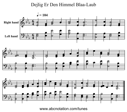 Dejlig Er Den Himmel Blaa-Laub - staff notation