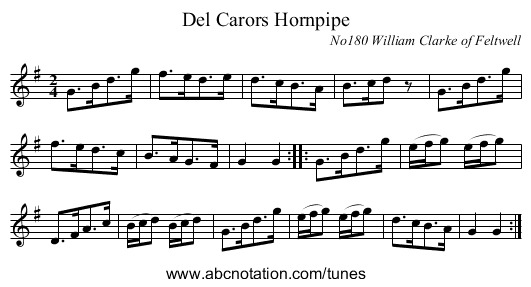 Del Carors Hornpipe - staff notation