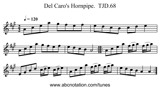 Del Caro's Hornpipe.  TJD.68 - staff notation
