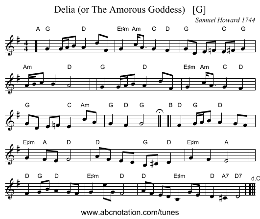 Delia (or The Amorous Goddess)   [G] - staff notation