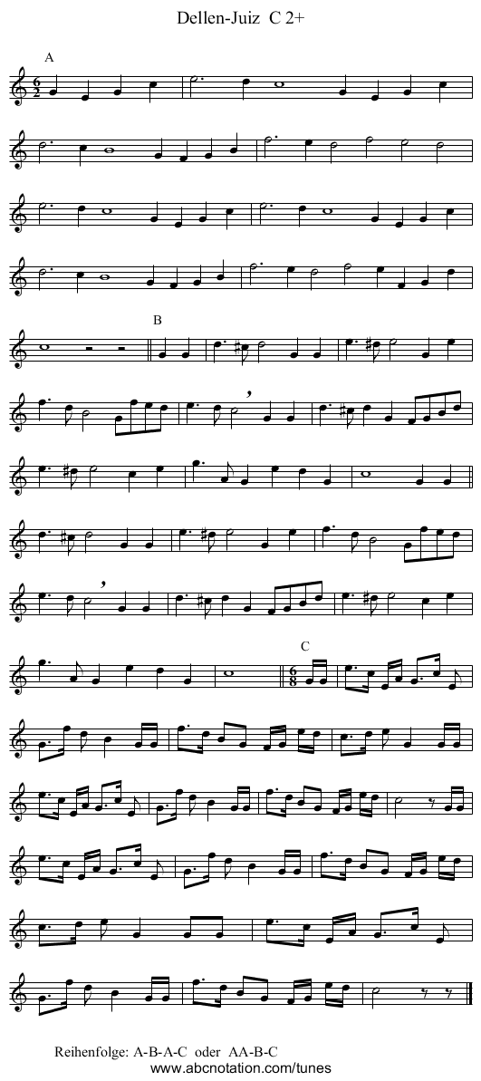 Dellen-Juiz C 2+ - staff notation