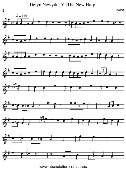 Delyn Newydd, Y [The New Harp] - staff notation