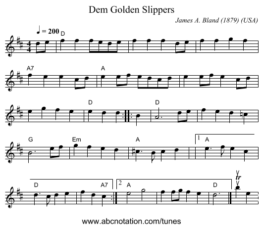 Dem Golden Slippers - staff notation