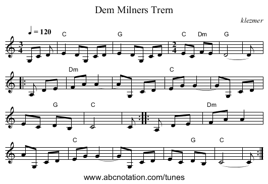 Dem Milners Trern - staff notation