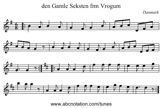 den Gamle Seksten frm Vr&oslash;gum - staff notation