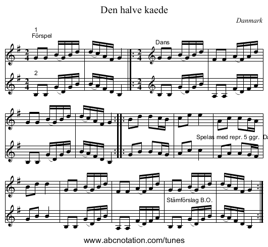 Den halve kaede - staff notation