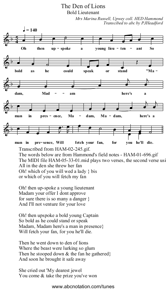 Den of Lions, The - staff notation
