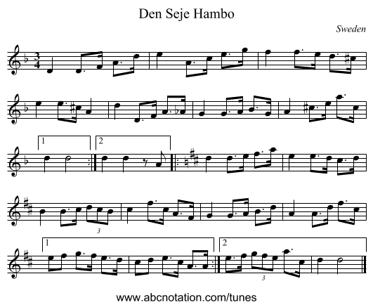 Den Seje Hambo - staff notation