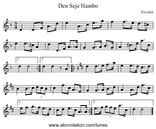 Den Seje Hambo - staff notation