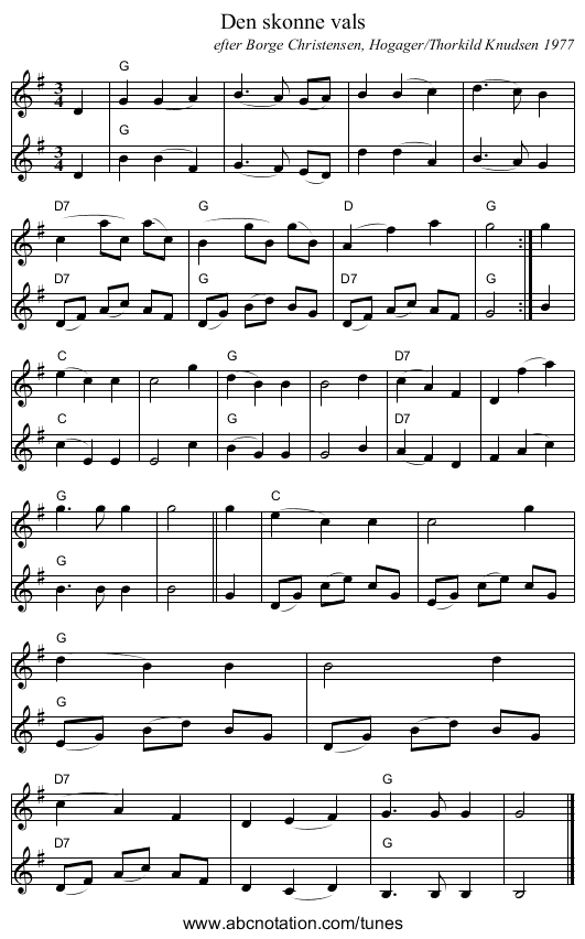 Den sk&oslash;nne vals - staff notation