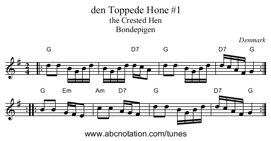 den Toppede H&oslash;ne #1 - staff notation