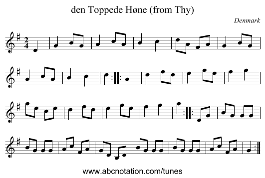den Toppede Høne (from Thy) - staff notation