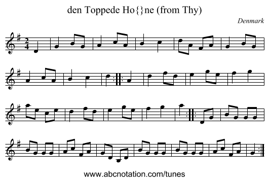 den Toppede Høne (from Thy) - staff notation
