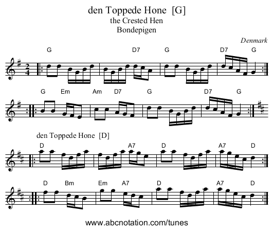 den Toppede H&oslash;ne  [G] - staff notation