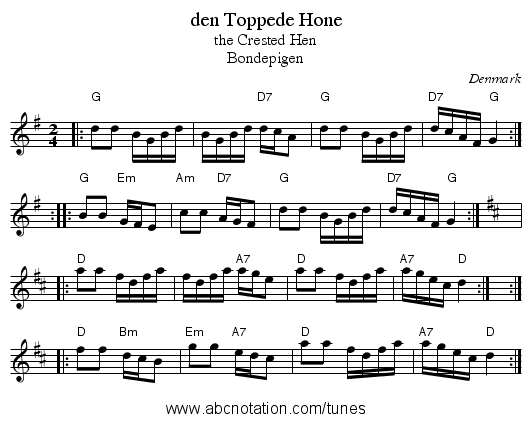 den Toppede H&oslash;ne - staff notation