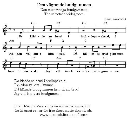 Den v&auml;grande brudgummen - staff notation