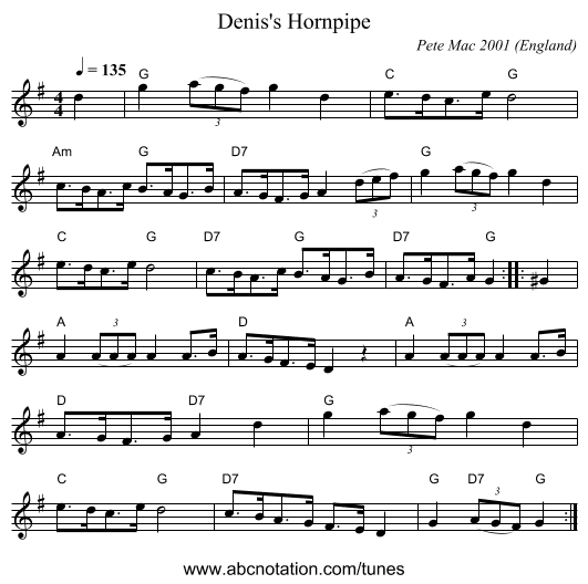 Denis's Hornpipe - staff notation