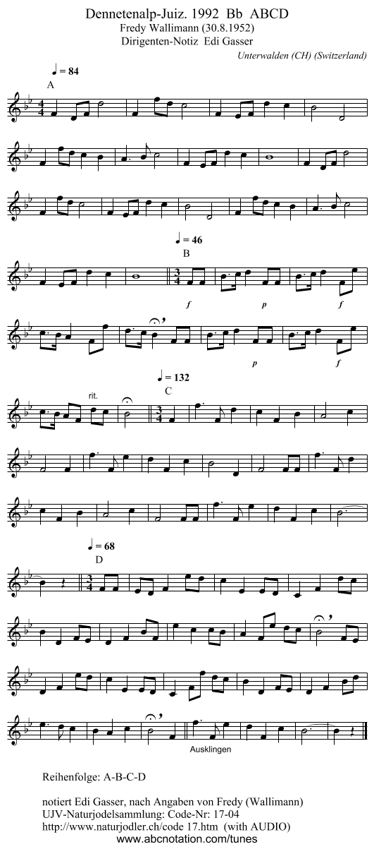 Dennetenalp-Juiz. 1992 Bb ABCD - staff notation
