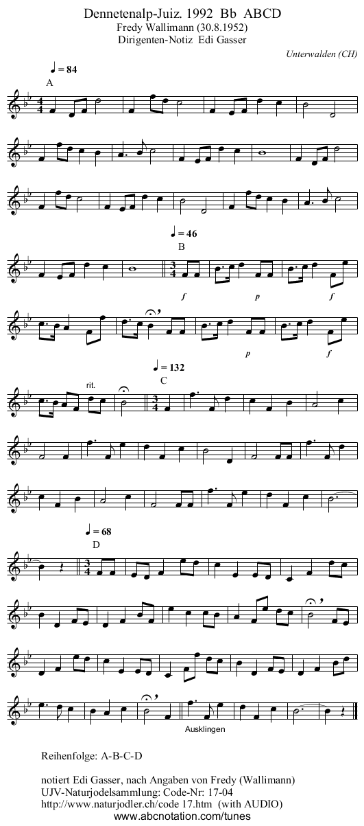 Dennetenalp-Juiz. 1992  Bb  ABCD - staff notation