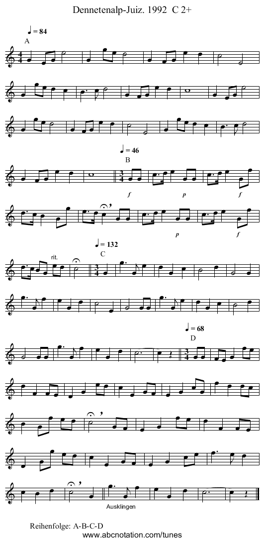 Dennetenalp-Juiz. 1992  C 2+ - staff notation