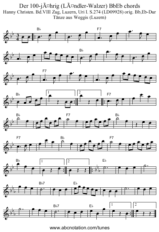 Der 100-jÃ¤hrig (LÃ¤ndler-Walzer) BbEb chords - staff notation
