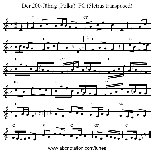 Der 200-J&auml;hrig (Polka)  FC (5letras transposed) - staff notation