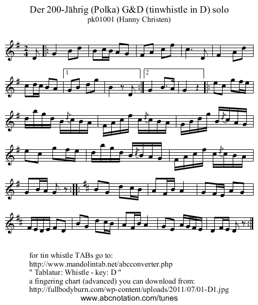 Der 200-J&auml;hrig (Polka) G&D (tinwhistle in D) solo - staff notation