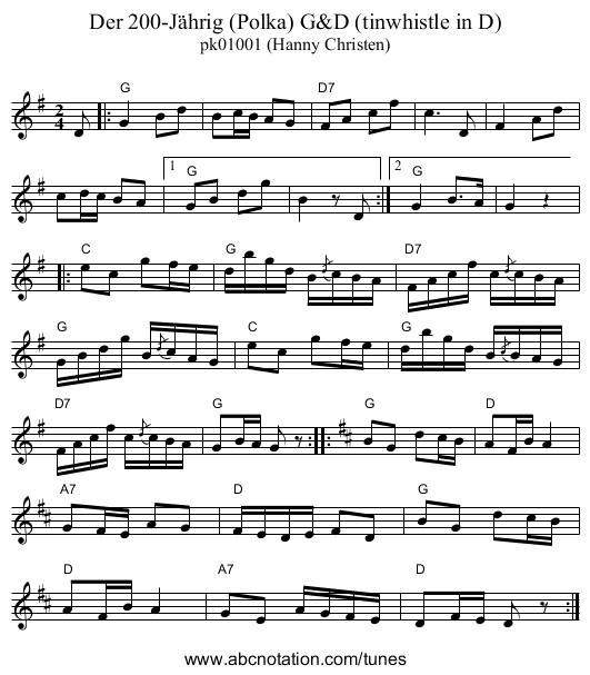 Der 200-J&auml;hrig (Polka) G&D (tinwhistle in D) - staff notation