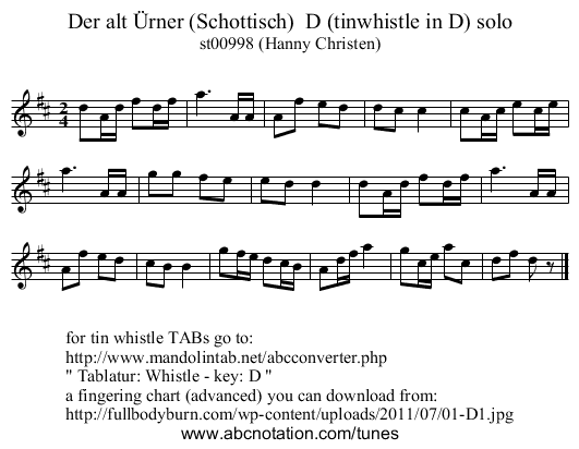 Der alt Ürner (Schottisch) D (tinwhistle in D) solo - staff notation