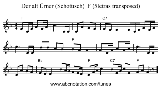 Der alt &Uuml;rner (Schottisch)  F (5letras transposed) - staff notation